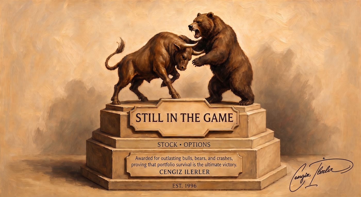 Still in the Game — bronze bull and bear statue on an engraved pedestal, awarded for outlasting bulls, bears, and crashes. Est. 1996.